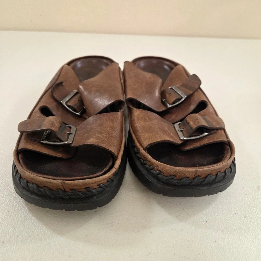 Clarks Mens Brown Leather Double Buckle Slide Sandals Lug Sole Gorpcore 9
